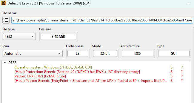 Fig. 1 | PE32, GUI, i386. Section #0 (“UPX0”) has RWX + IAT directory empty